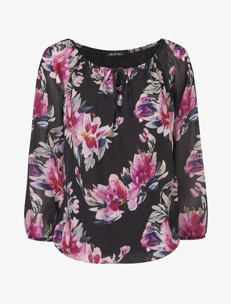 Blouse manches longues imprimé floral - Noir - 1