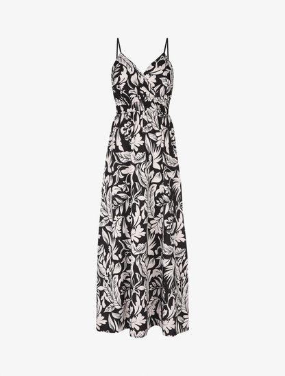 Robe longue à bretelles imprimé feuilles - Noir - 1