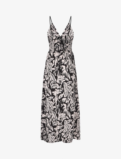 Robe longue à bretelles imprimé feuilles - Noir - 2