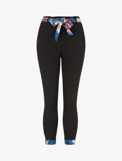 Pantalon slim taille haute à revers fleuri - Noir/bleu - 5
