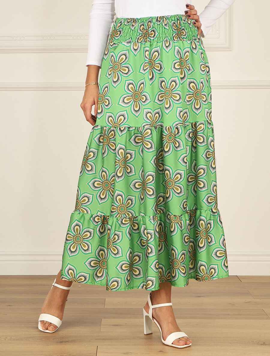 Jupe élastiquée à imprimé fleuri - Vert - 4