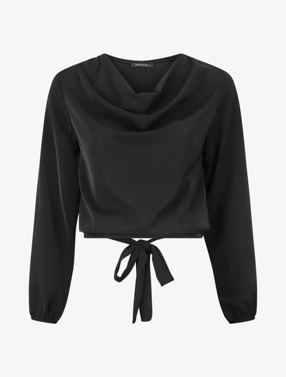 Blouse unie à col bénitier et à nouer - Noir - 1