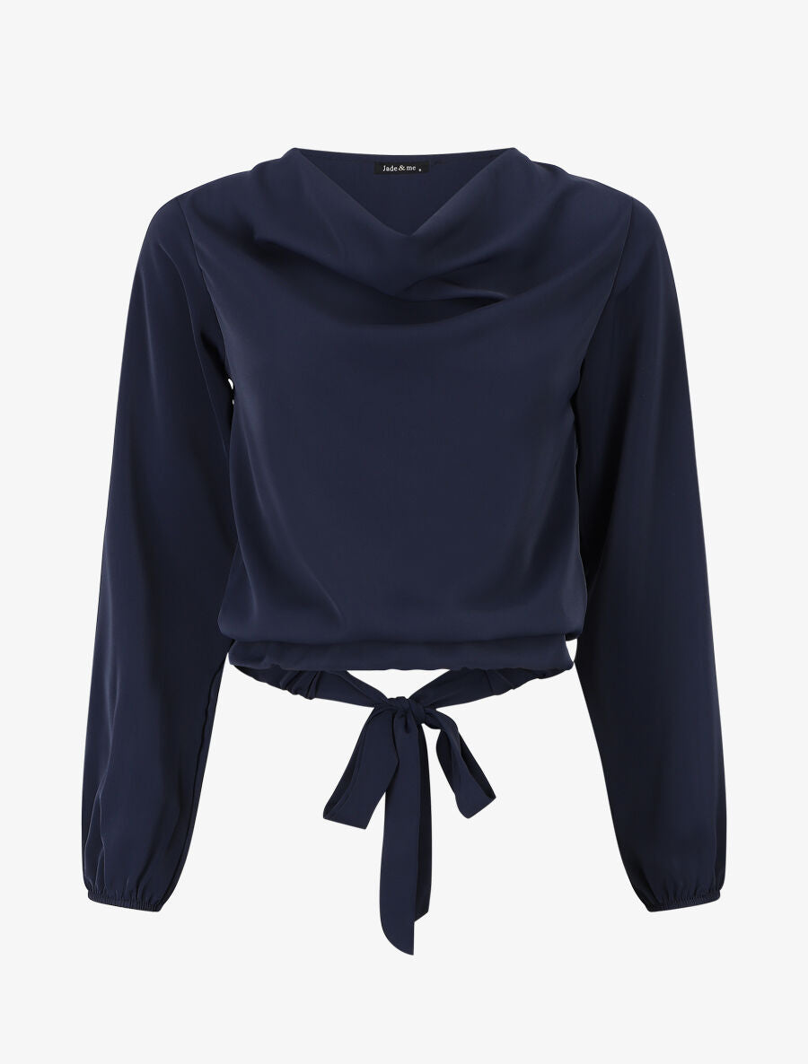 Blouse unie à col bénitier et à nouer - Marine - 1