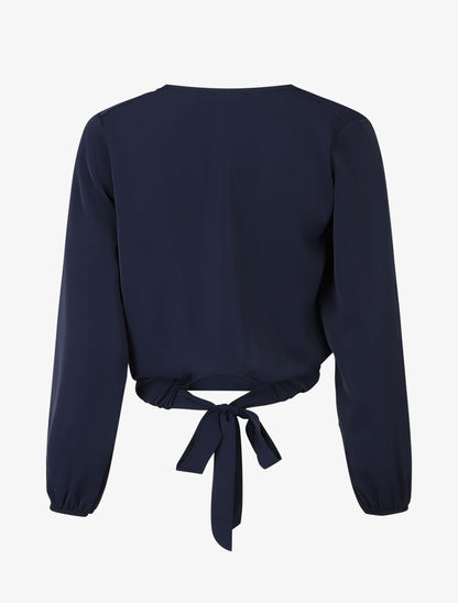 Blouse unie à col bénitier et à nouer - Marine - 2