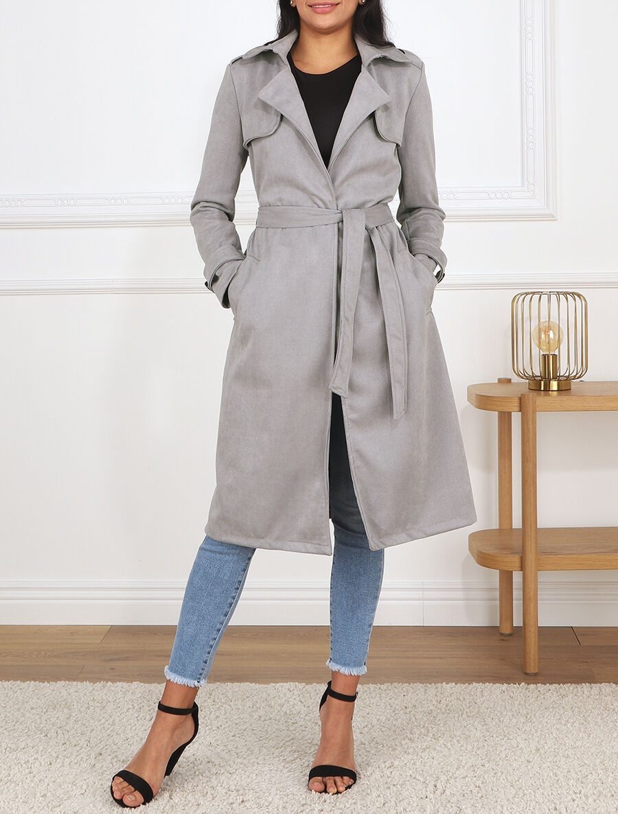Trench long uni en suédine - Gris - 4