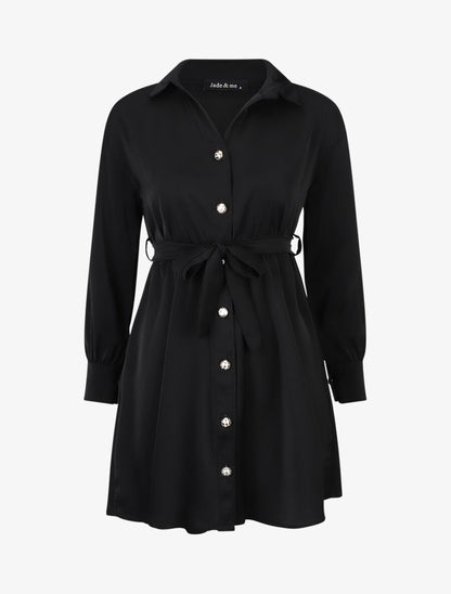 Robe chemise unie à taille élastiquée - Noir - 1