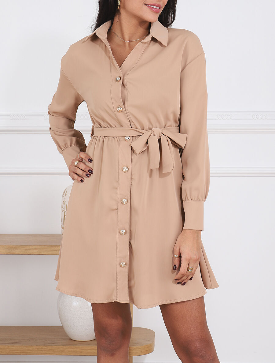Robe chemise unie à taille élastiquée - Camel - 4