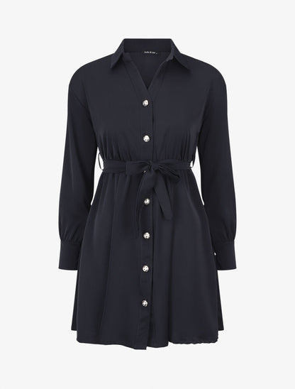Robe chemise unie à taille élastiquée - Marine - 1