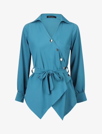 Blouse cache-coeur à base asymétrique - Bleu canard - 4