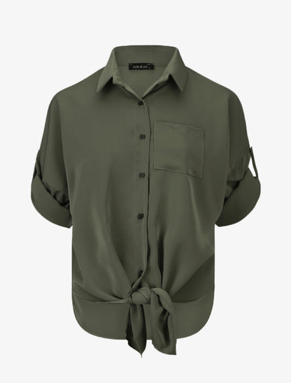 Blouse fluide à manches retroussables - Kaki - 1