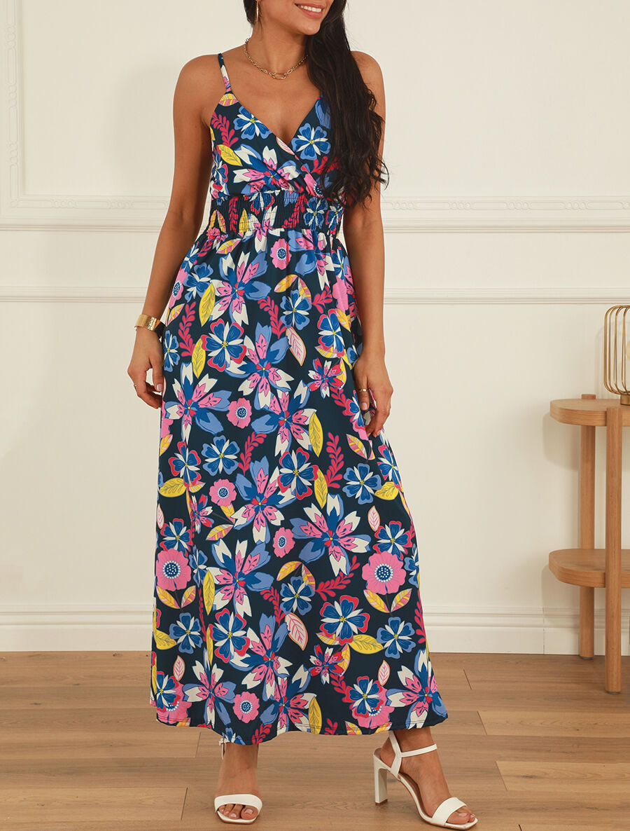 Robe longue imprimé fleurs des îles - Marine - 4