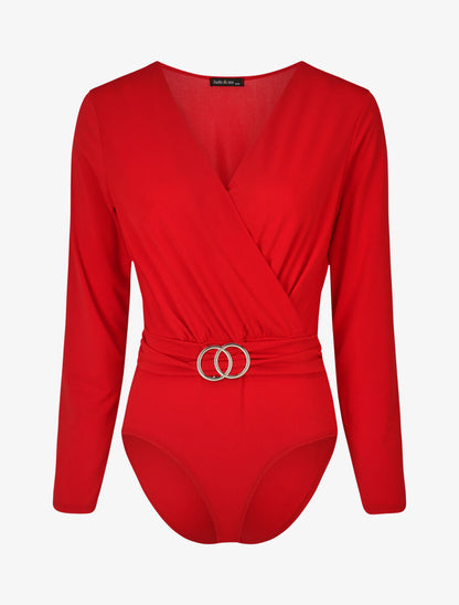 Body à col cache-coeur et ceinture à boucle - Rouge - 1