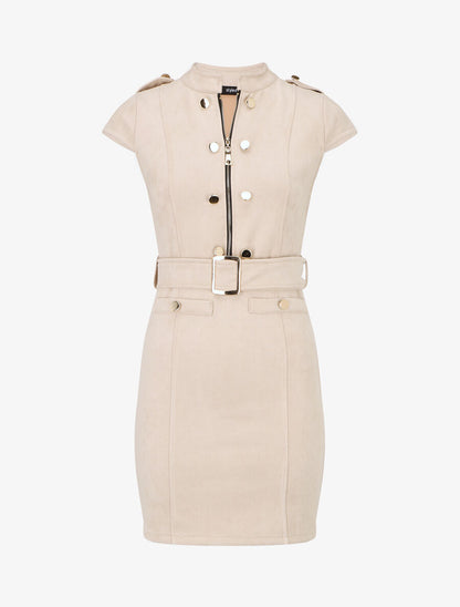 Robe courte ceinturée en suédine - Beige - 1