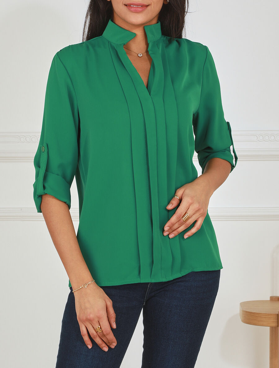 Blouse unie à manches retroussables - Vert - 4