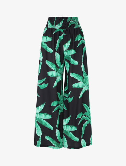 Pantalon ample élastiqué à imprimé feuilles - Noir - 5