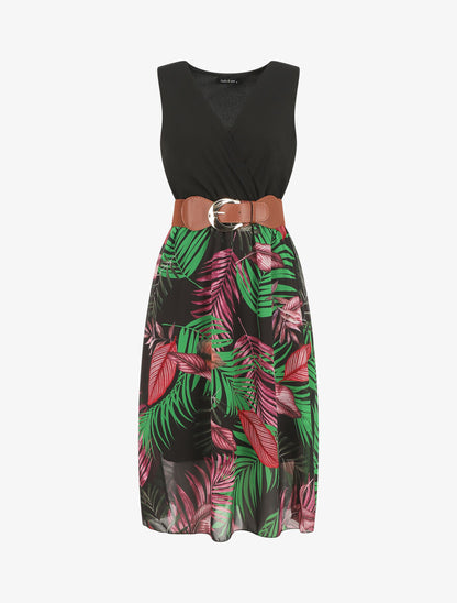 Robe bicolore imprimé feuilles - Noir - 4