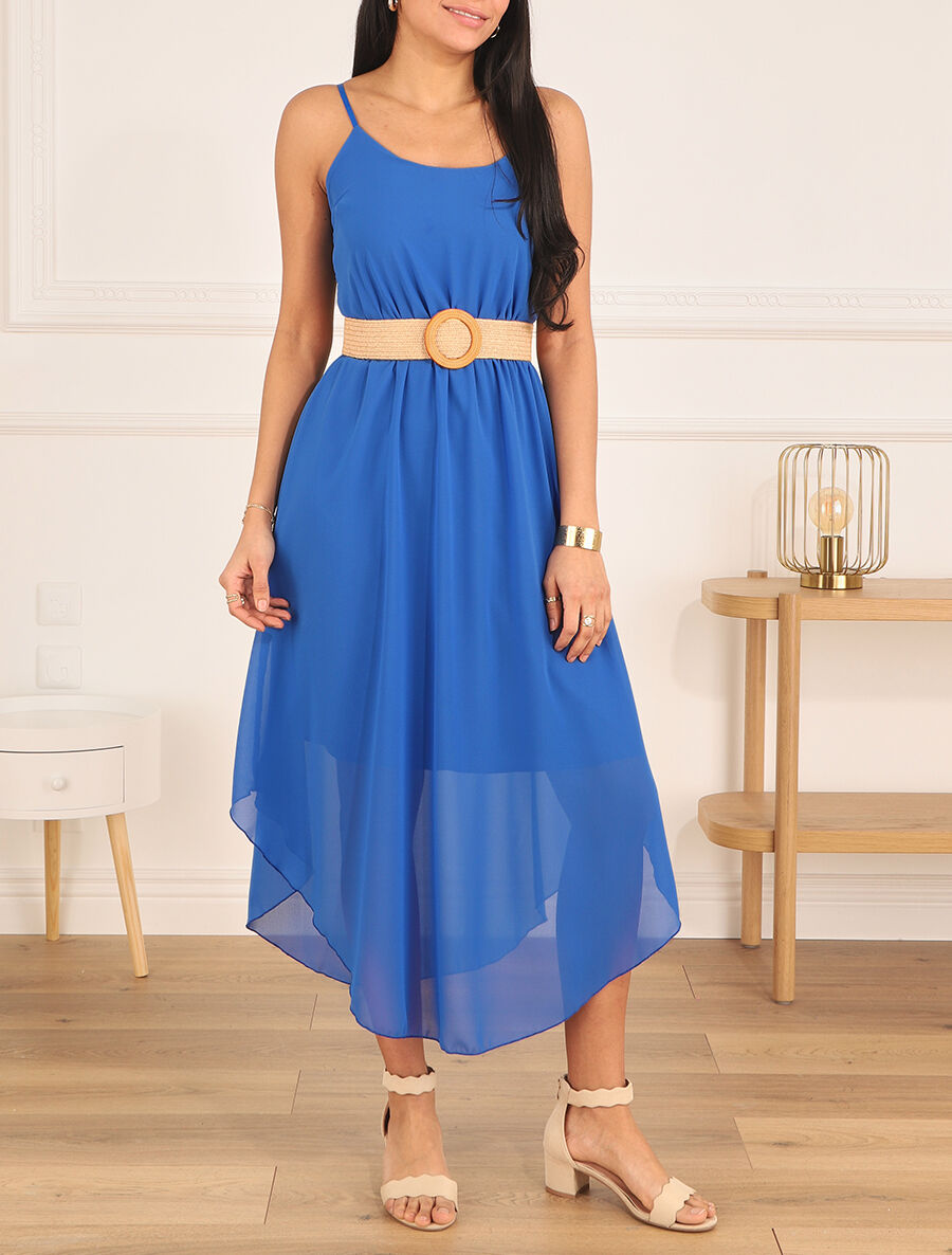 Robe longue unie à taille élastiquée - Bleu roi - 4