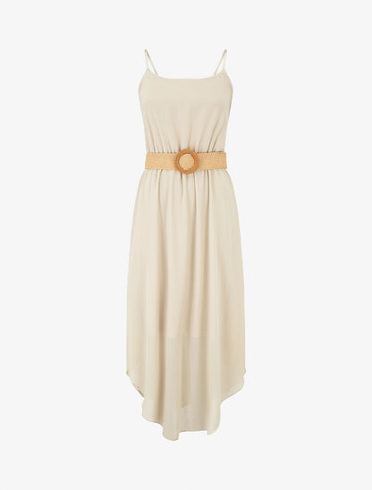 Robe longue unie à taille élastiquée - Beige - 1