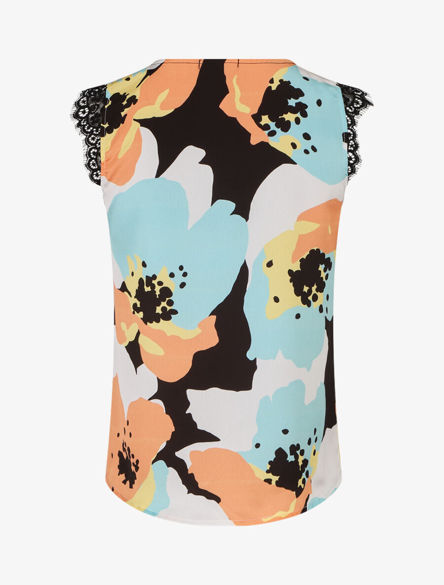 Top en dentelle imprimé grandes fleurs abstraites - Noir - 2