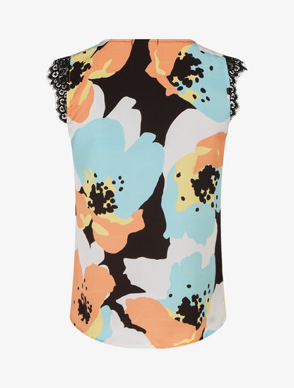 Top en dentelle imprimé grandes fleurs abstraites - Noir - 2