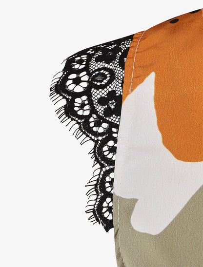 Top en dentelle imprimé grandes fleurs abstraites - Kaki - 3