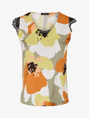 Top en dentelle imprimé grandes fleurs abstraites - Camel - 1
