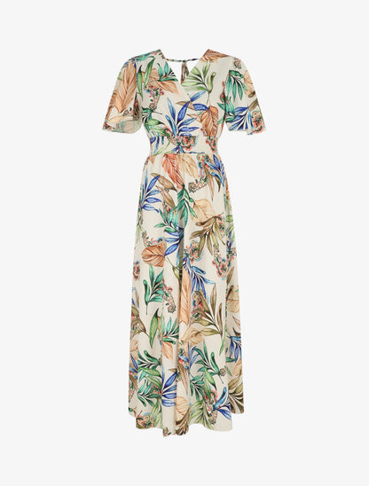 Robe longue imprimé fleuri à manches courtes - Beige - 2