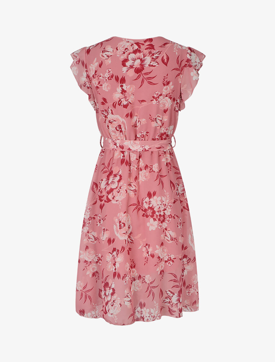 Robe à imprimé fleuri et manches courtes volantées - Rose - 2
