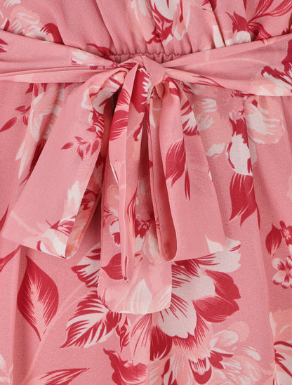 Robe à imprimé fleuri et manches courtes volantées - Rose - 3