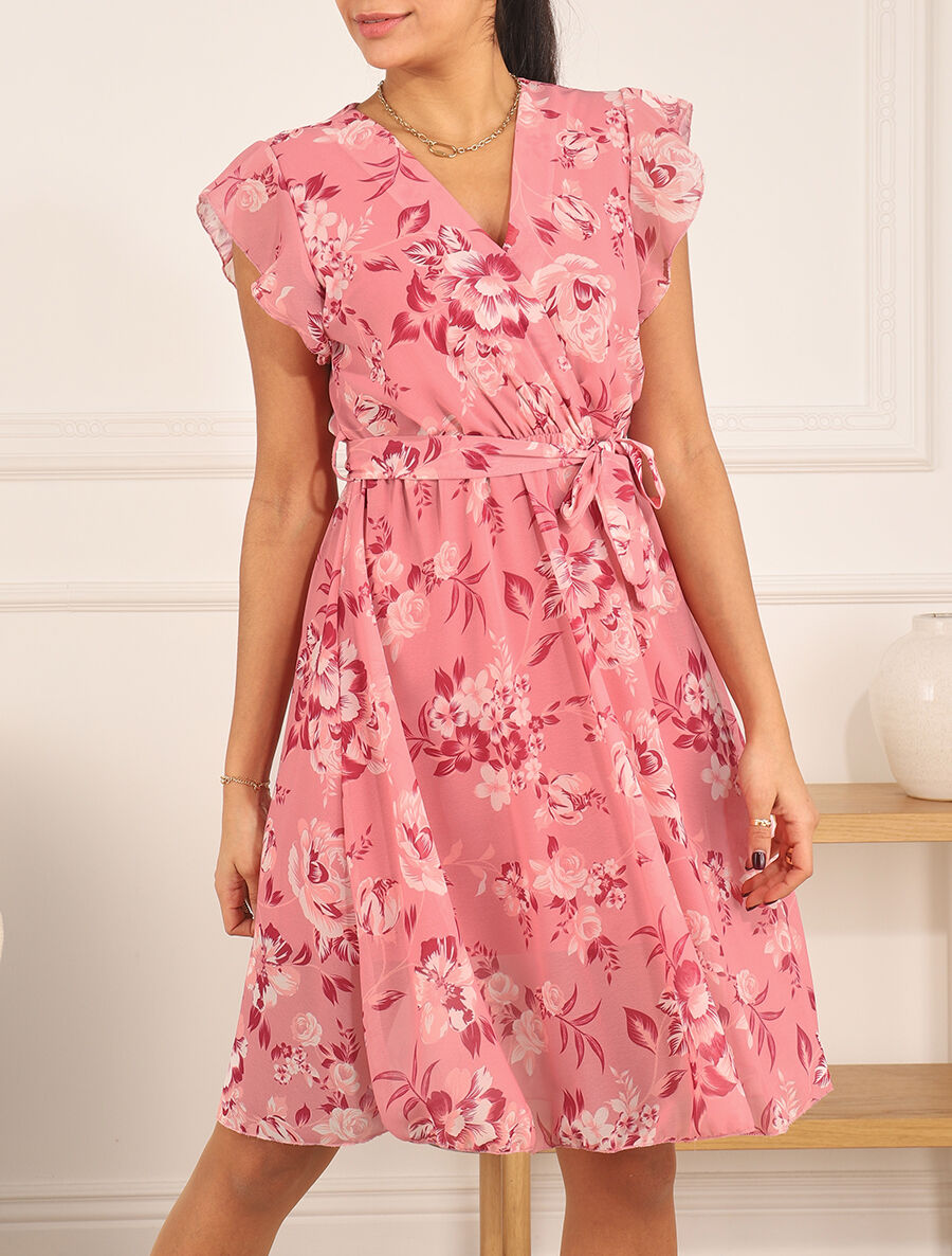 Robe à imprimé fleuri et manches courtes volantées - Rose - 4