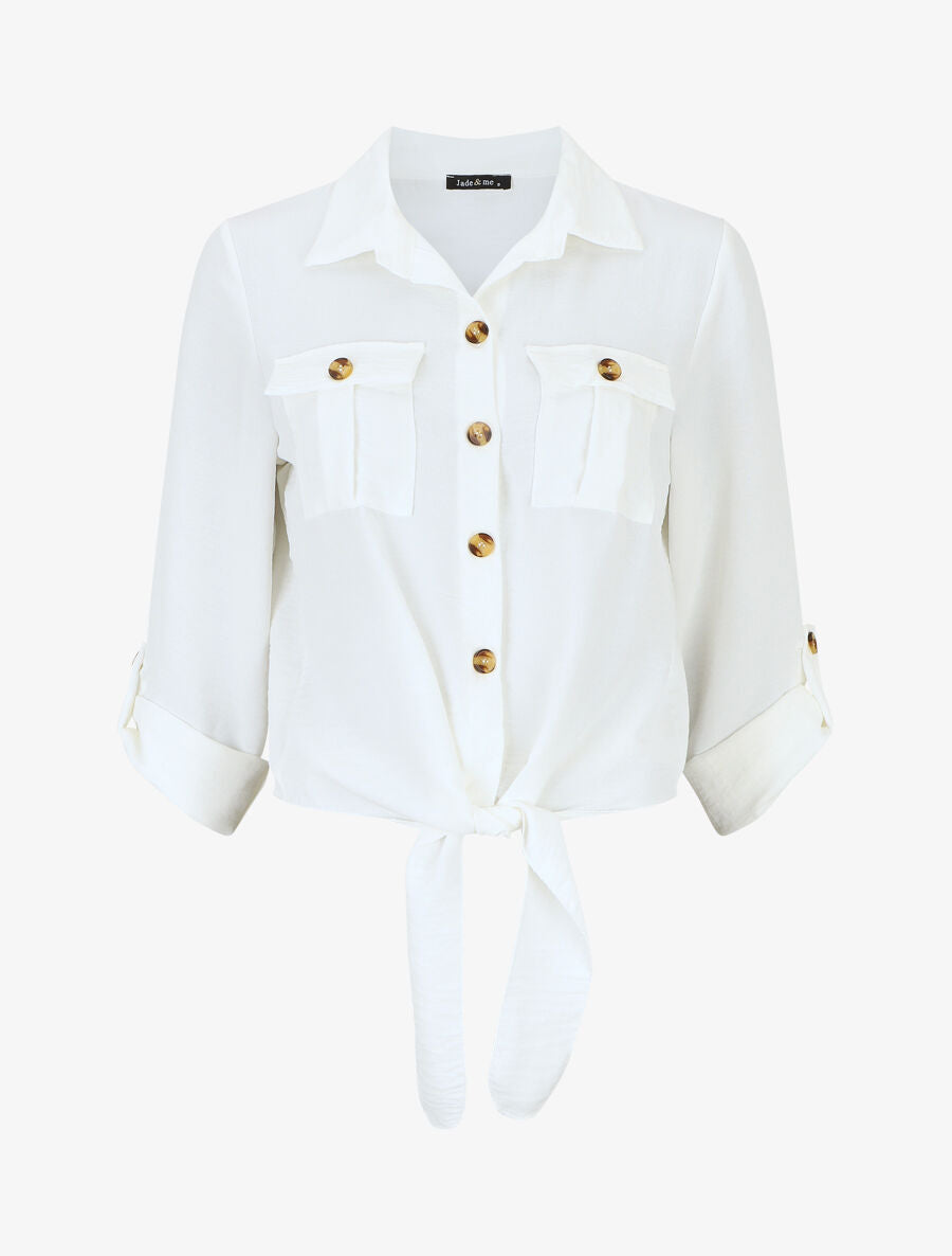 Blouse à nouer et manches retroussables - Blanc - 5