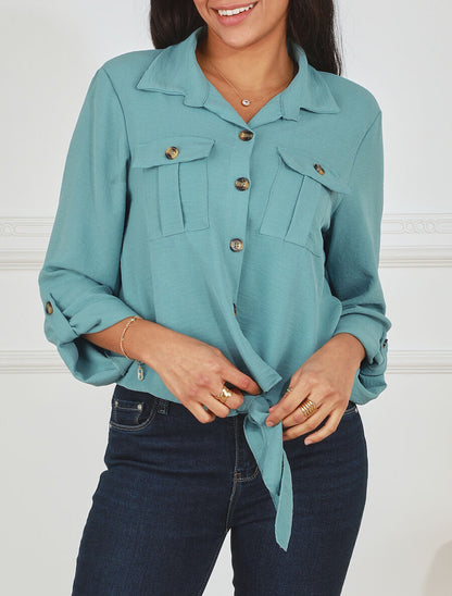 Blouse à nouer et manches retroussables - Vert d&