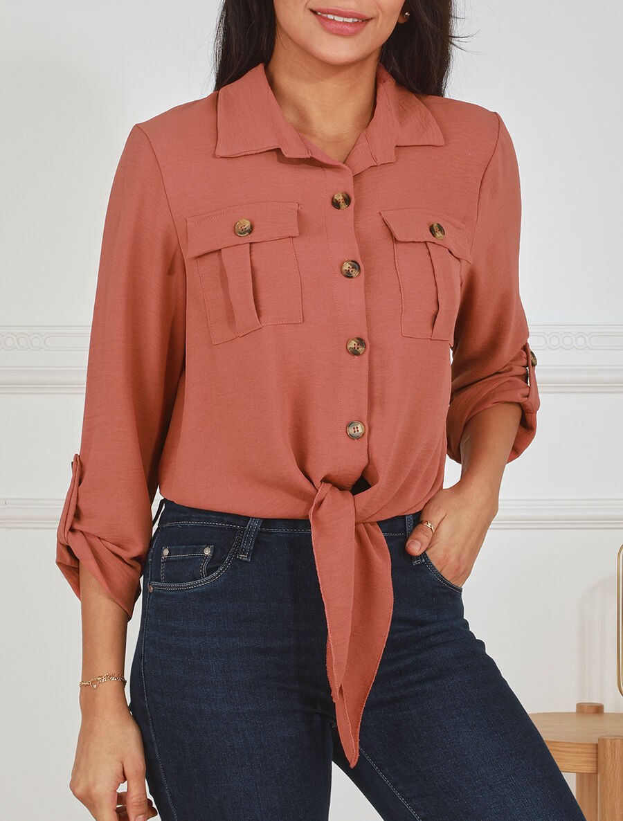 Blouse à nouer et manches retroussables - Corail - 4