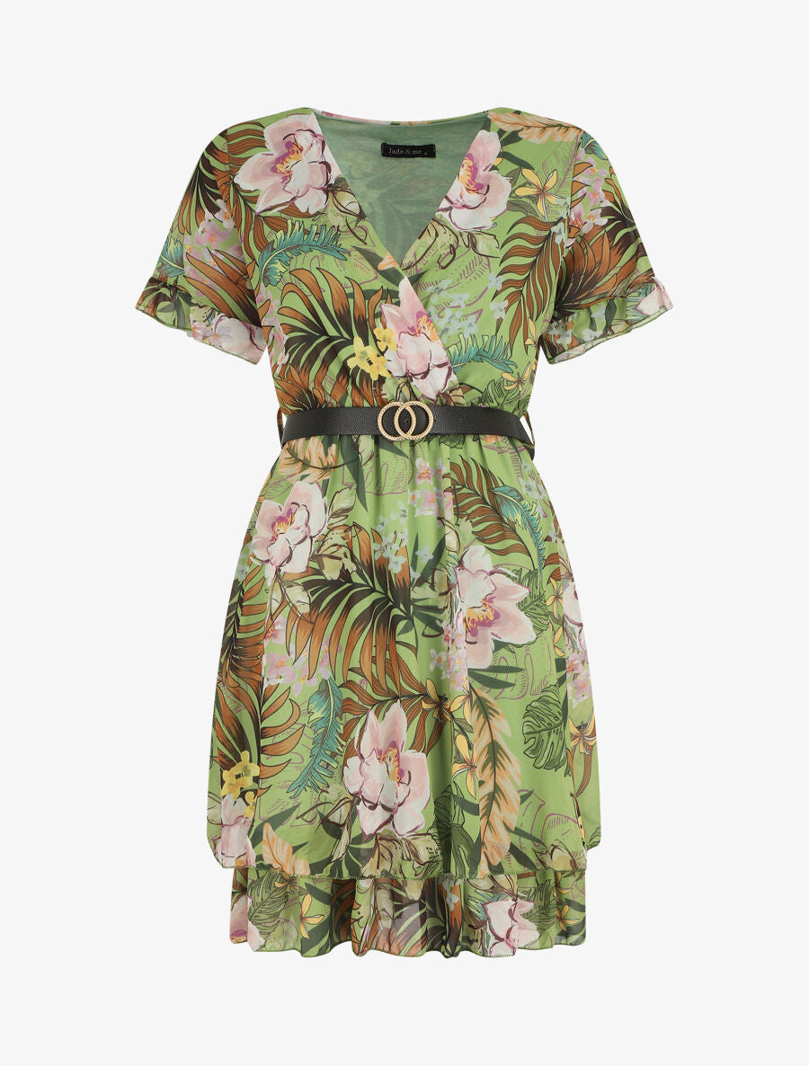 Robe évasée manches courtes imprimé fleurs tropicales - Vert - 1