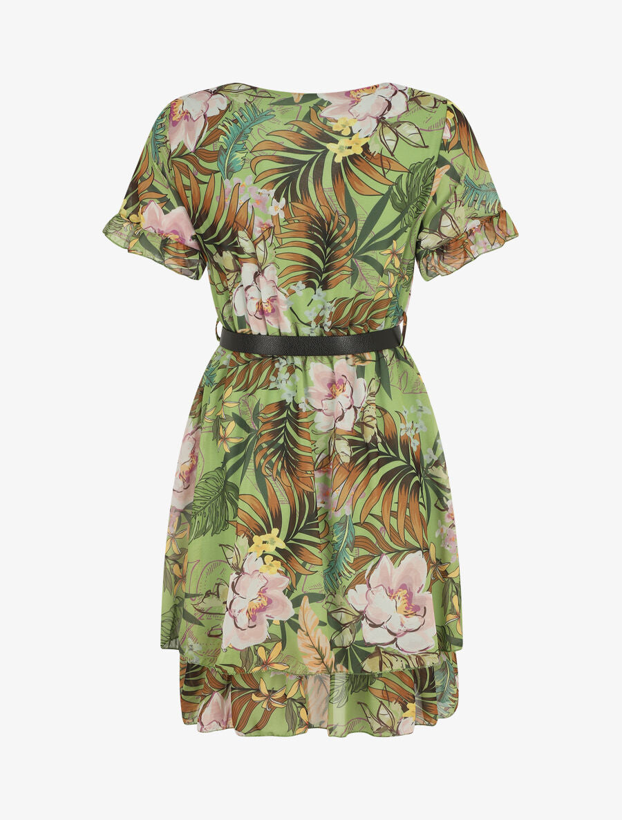 Robe évasée manches courtes imprimé fleurs tropicales - Vert - 2