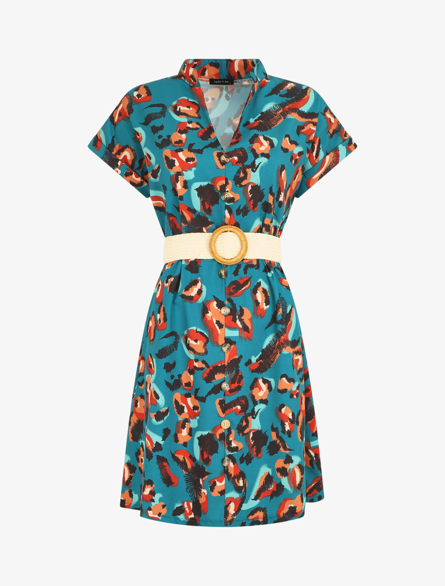 Robe courte boutonnée imprimé léopard stylisé - Bleu canard - 4