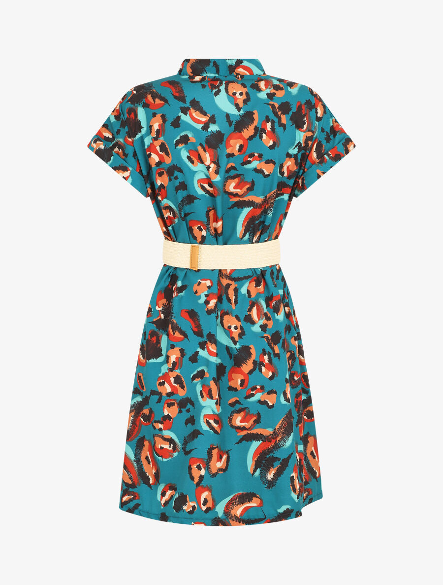 Robe courte boutonnée imprimé léopard stylisé - Bleu canard - 2
