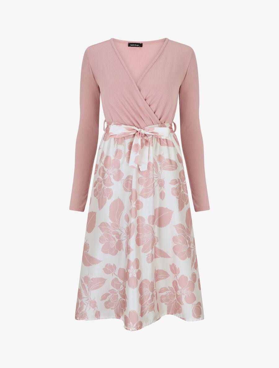 Robe mi-longue bi-matière imprimé grandes fleurs - Rose - 4