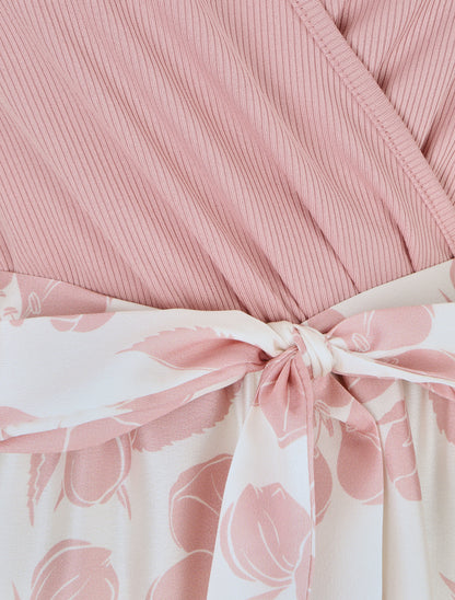 Robe mi-longue bi-matière imprimé grandes fleurs - Rose - 3