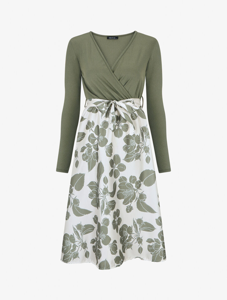 Robe mi-longue bi-matière imprimé grandes fleurs - Vert - 4