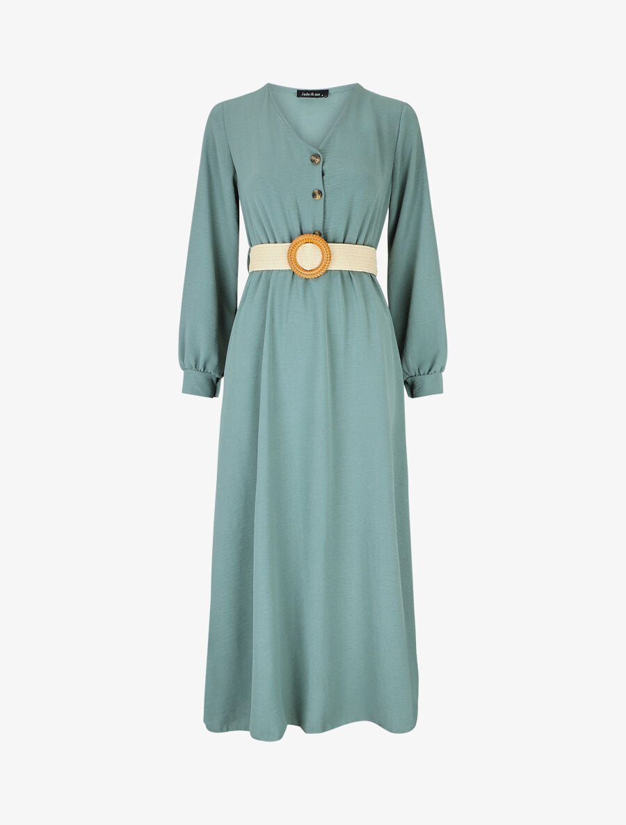 Robe longue évasée unie à manches longues - Bleu clair - 5