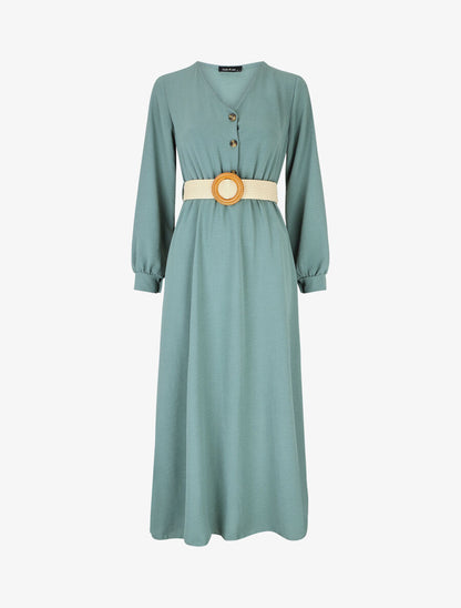 Robe longue évasée unie à manches longues - Bleu clair - 5