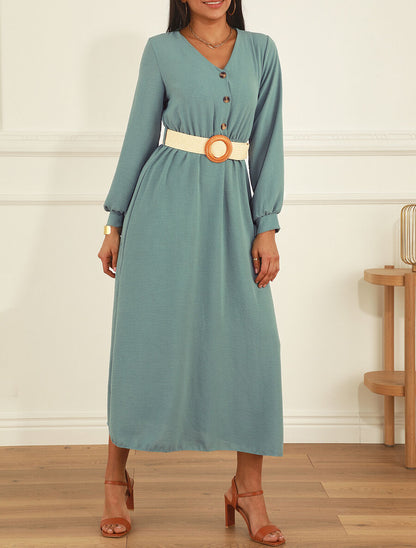 Robe longue évasée unie à manches longues - Bleu clair - 4