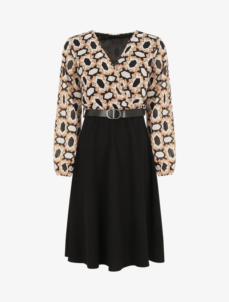 Robe bi-matière imprimé graphique - Noir - 5