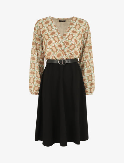 Robe bi-matière imprimé graphique - Camel - 5