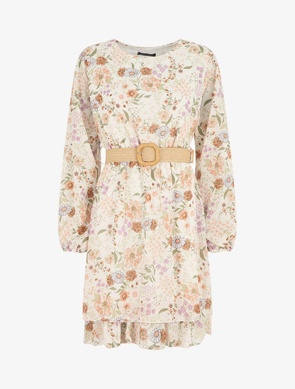 Robe imprimé fleuri à taille élastiquée - Beige - 5