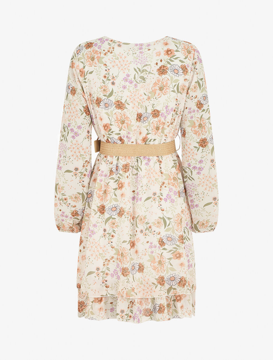 Robe imprimé fleuri à taille élastiquée - Beige - 2