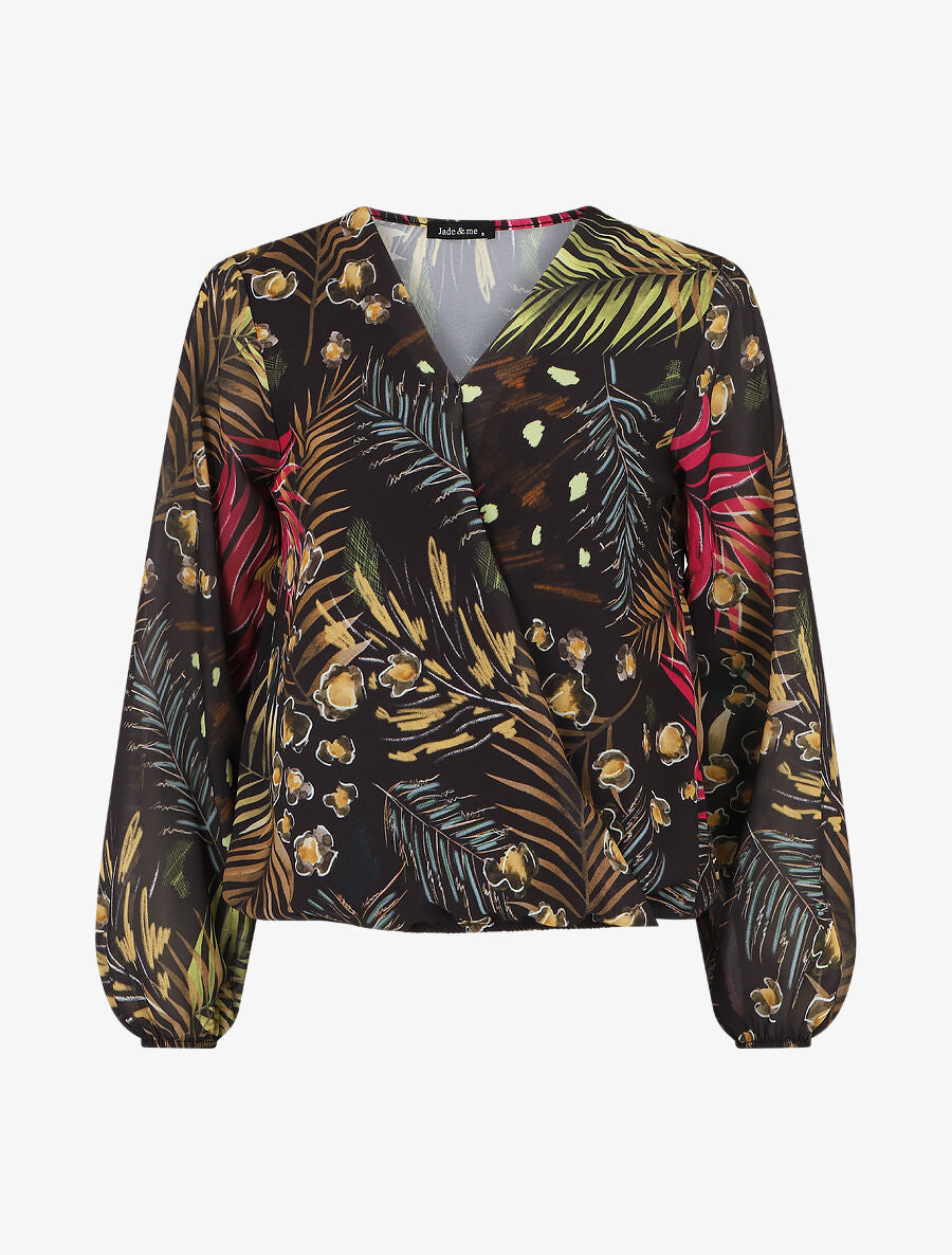 Blouse en voile imprimé tropical - Noir - 1