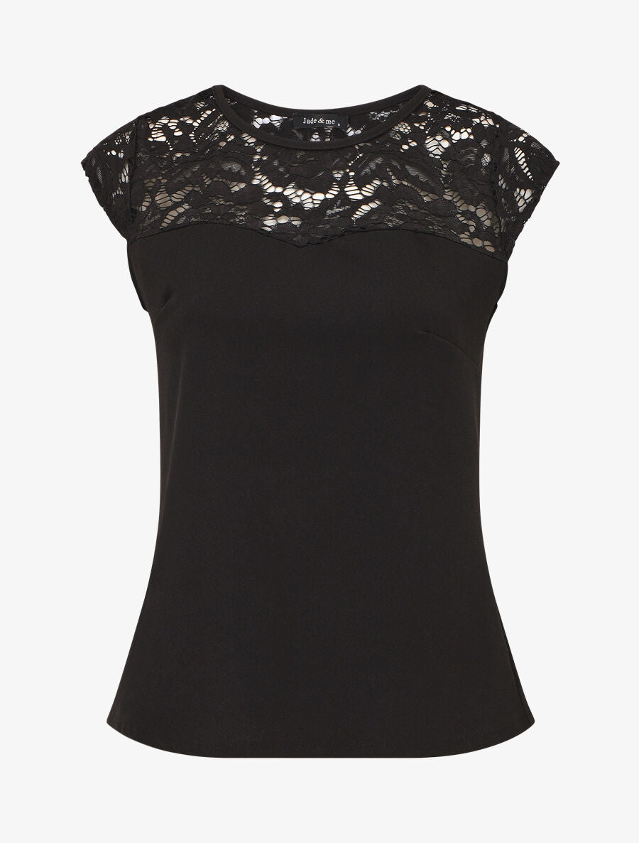 Top uni coupe droite épaules en dentelle - Noir - 1