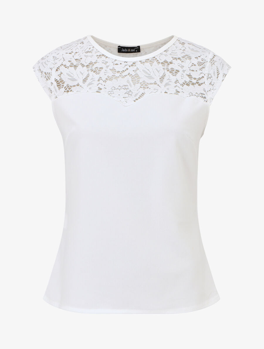 Top uni coupe droite épaules en dentelle - Blanc - 5